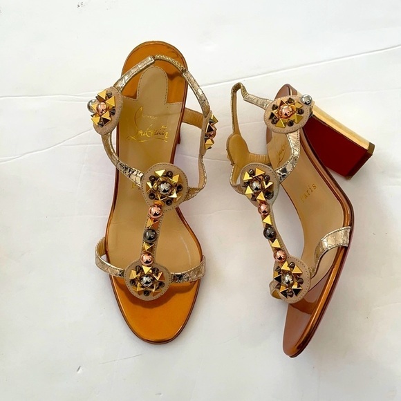 Christian Louboutin Gold Kaleitop leather 85mm T strap heels 37 - Picture 1 of 10
